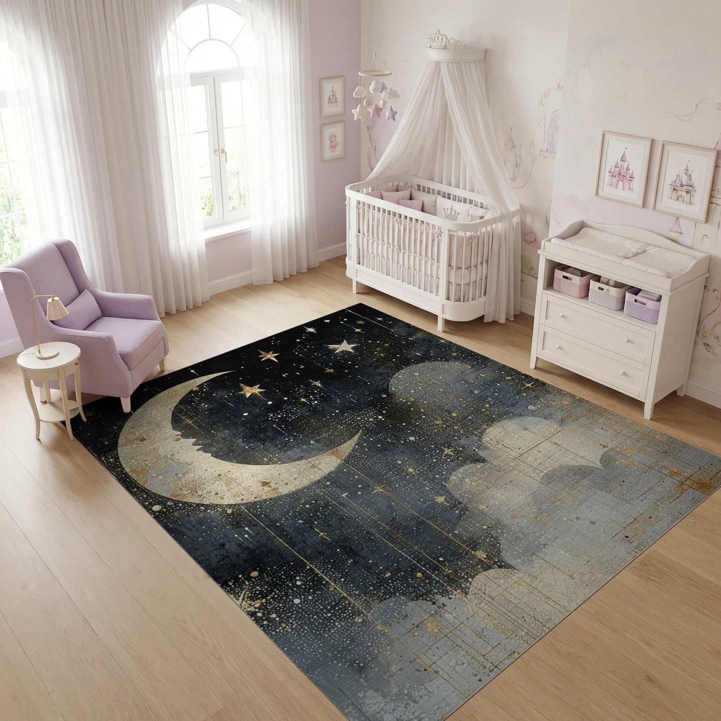 Mystical Golden Moon Stars Clouds Rug