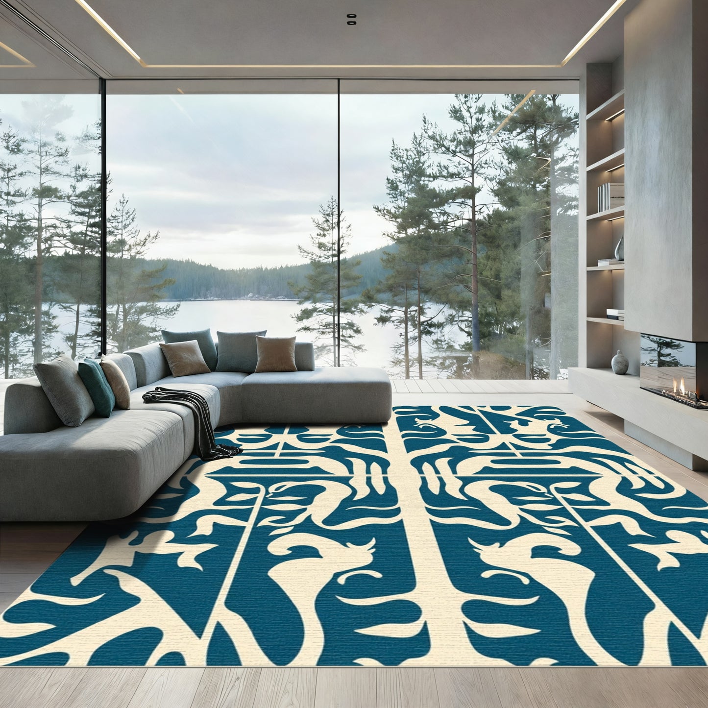 Deep Teal Abstract Organic Forms Rug