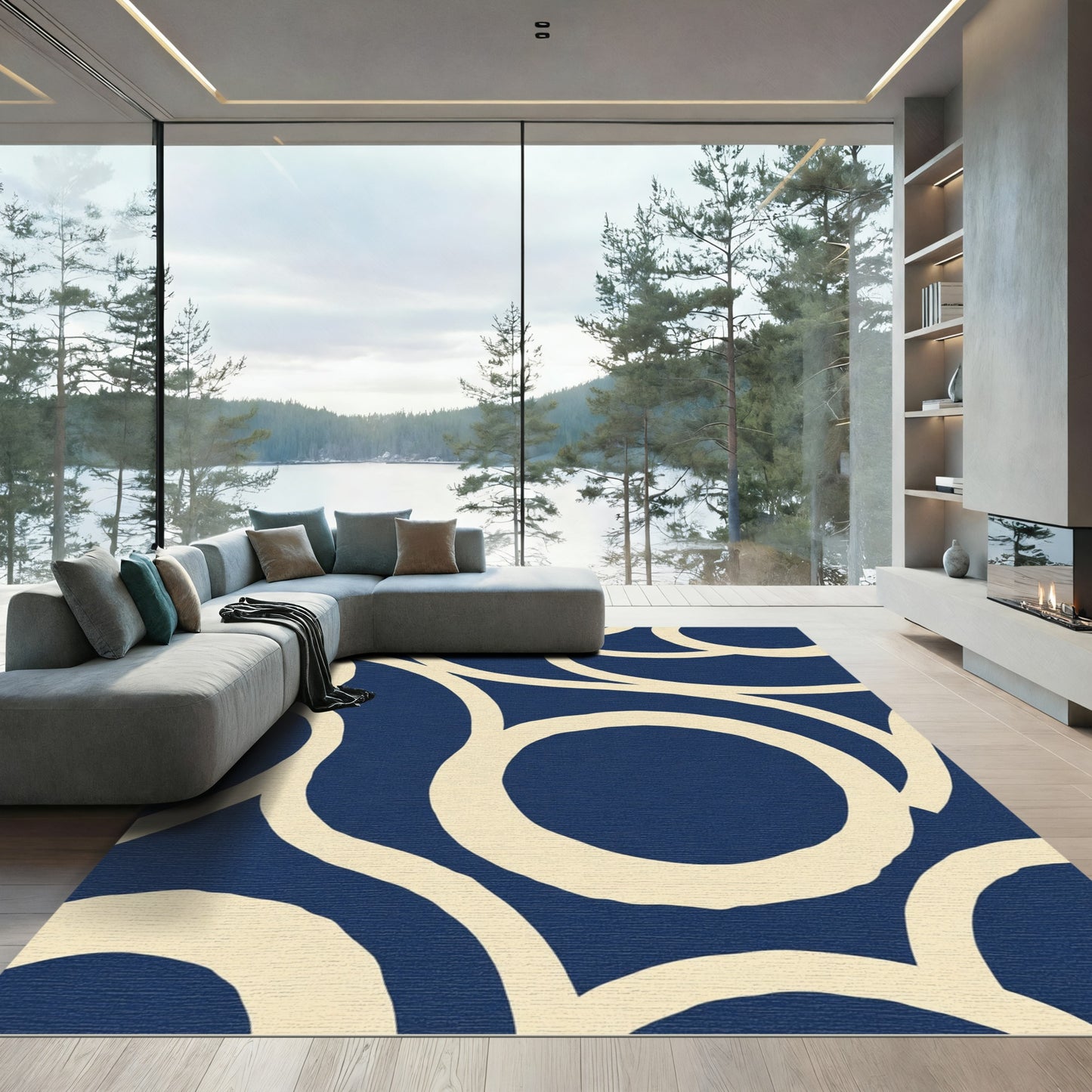Navy Cream Abstract Swirl Rug