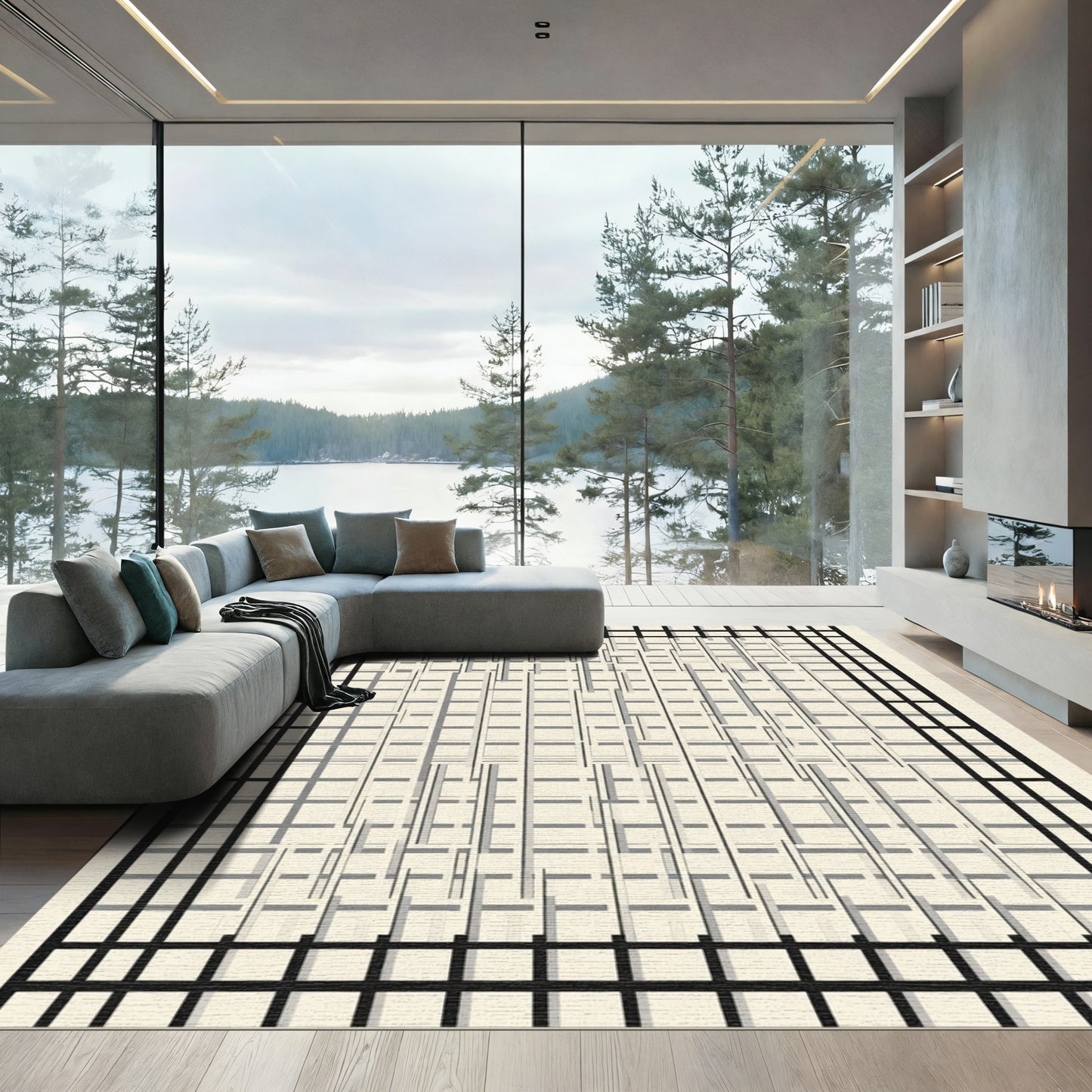 Dynamic Black Grid Abstract Rectangles Rug