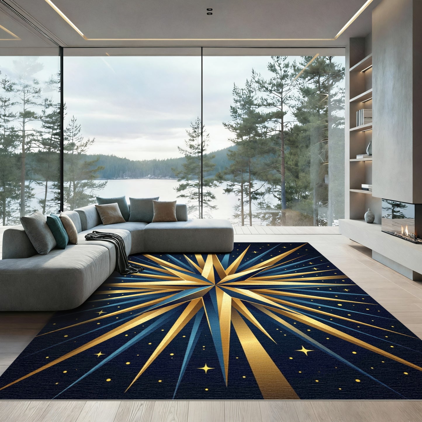 Celestial Gold Burst Navy Starry Art Rug