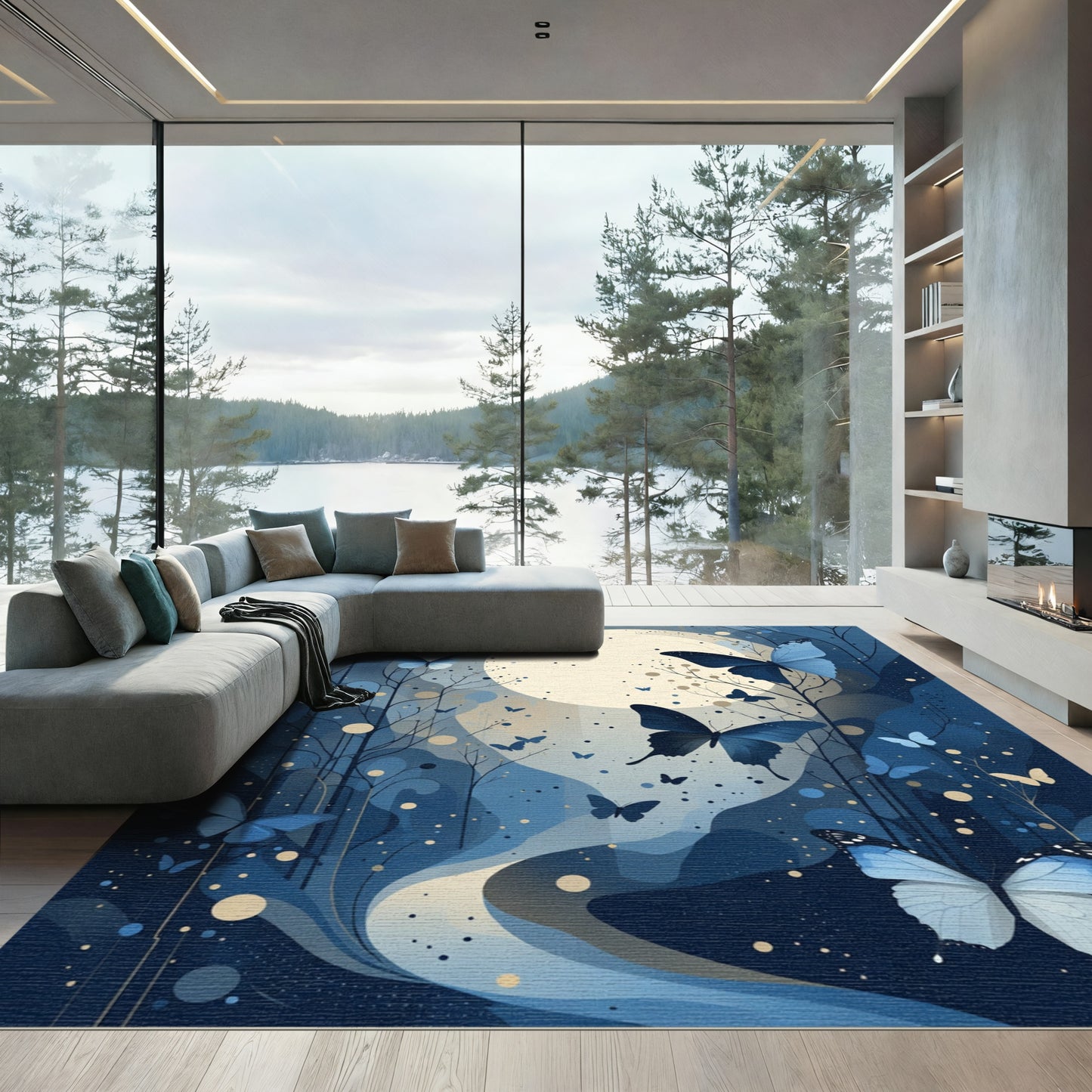 Midnight Blue Butterfly Moonscape Rug
