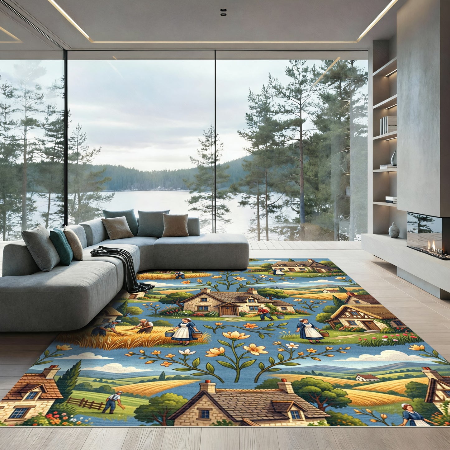 Pastoral Blue Cottage Wheat Field Rug
