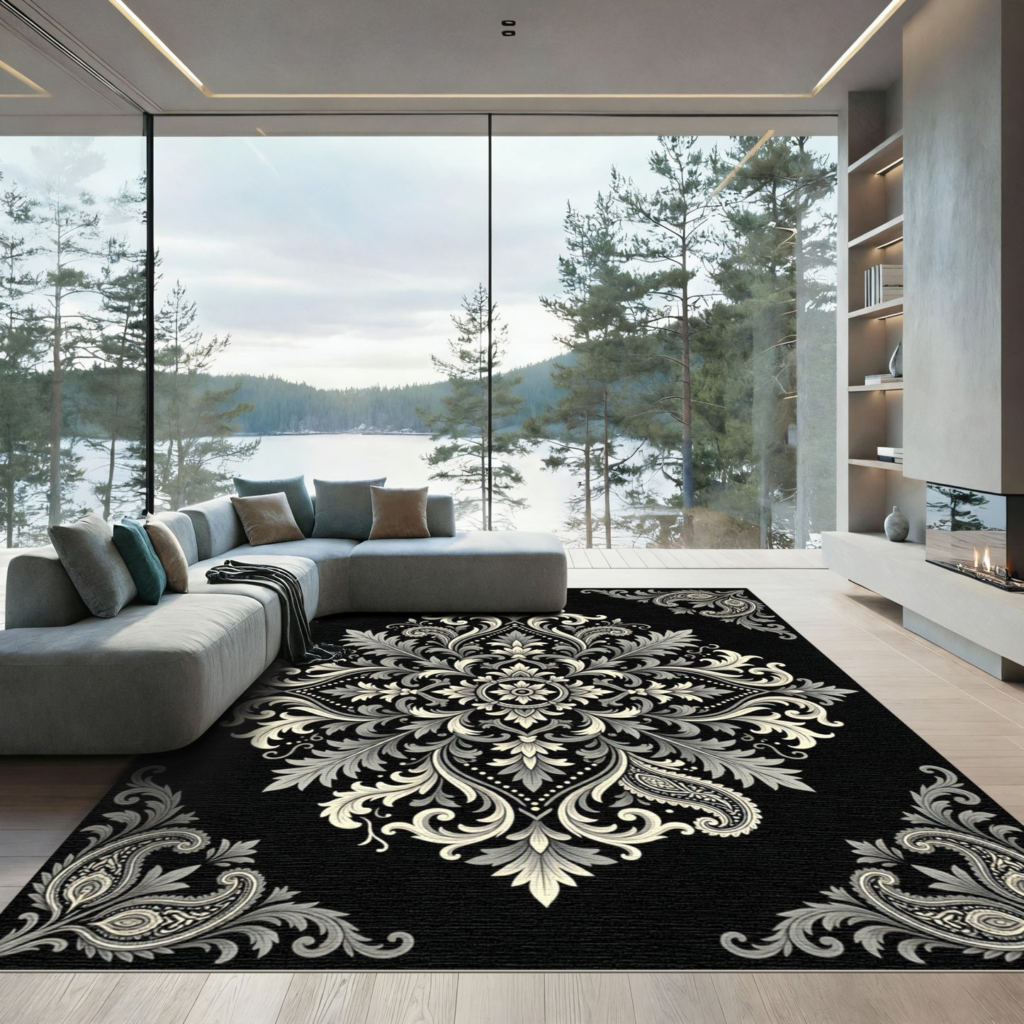 Elegant Monochrome Baroque Scroll Medallion Rug