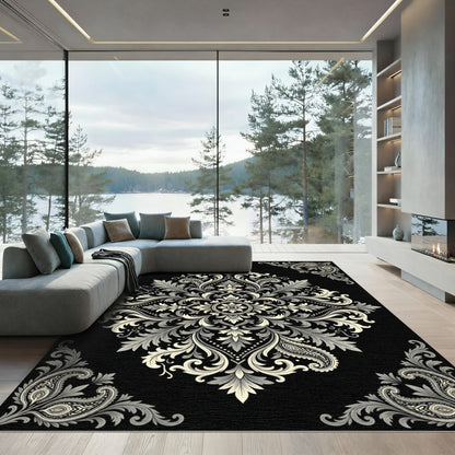 Elegant Monochrome Baroque Scroll Medallion Rug