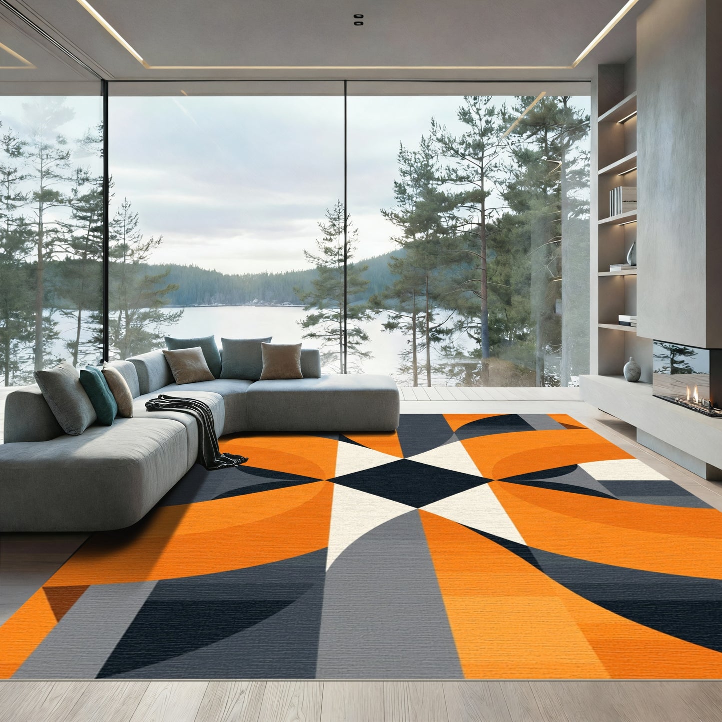 Bold Orange Abstract Geometric Swirl Rug