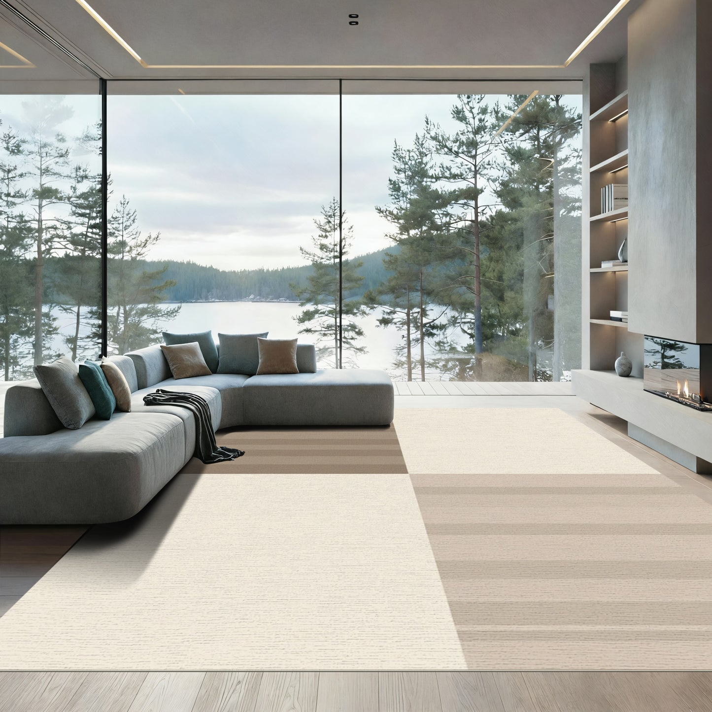 Modern Beige Striped Checkerboard Rug
