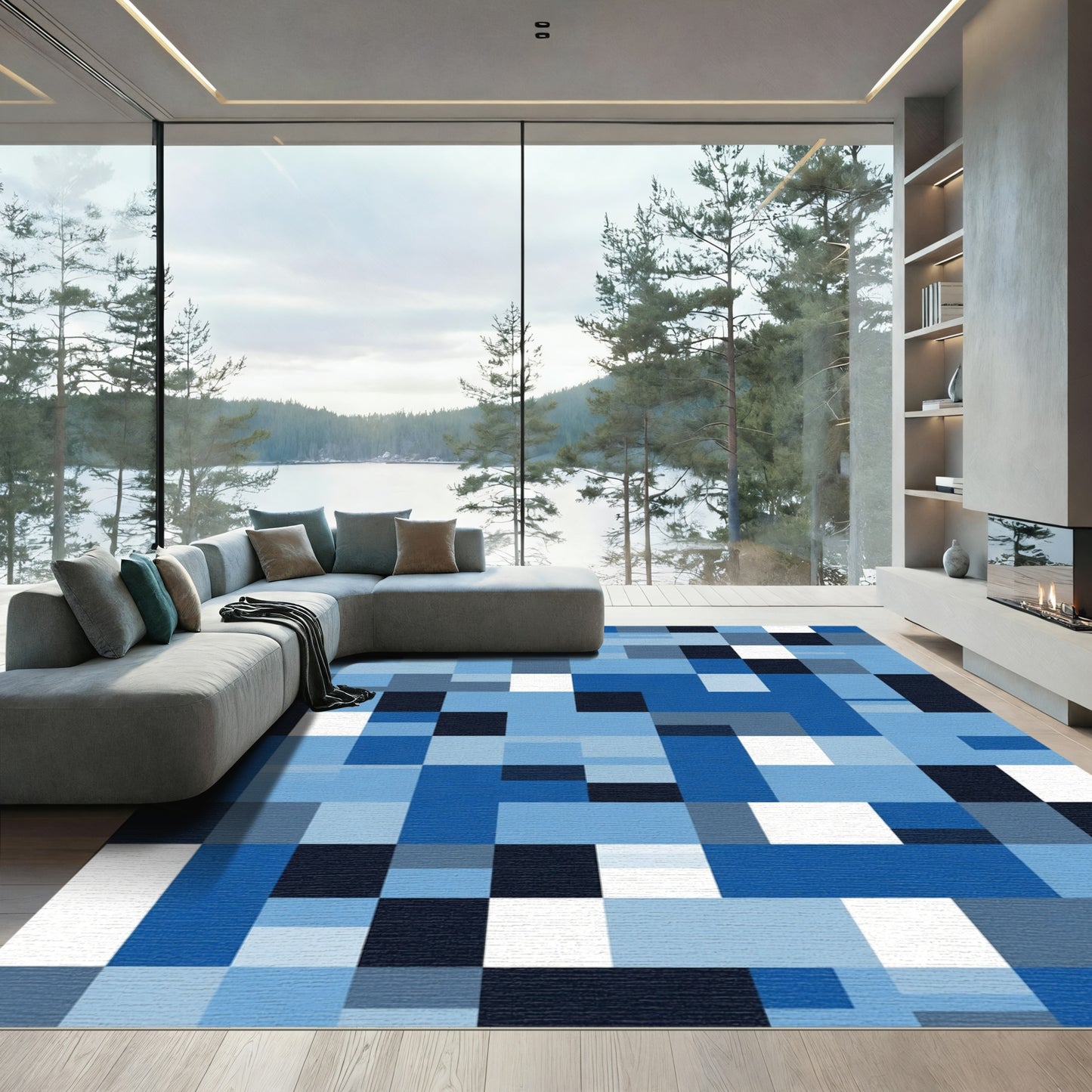 Deep Blue Geometric Color Block Rug