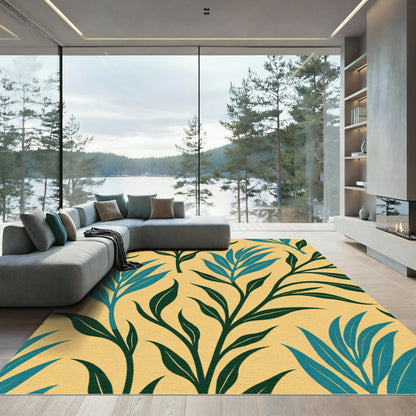 Teal Blue Leafy Tendrils Yellow Background Rug