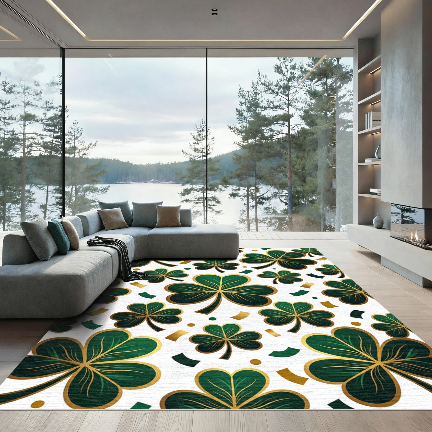 Elegant Gold and Emerald Shamrock Rug