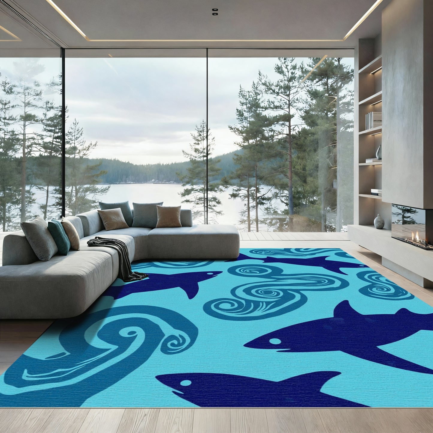 Deep Blue Shark Swirl Ocean Rug