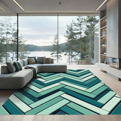 Teal Mint Herringbone Wood Grain Rug