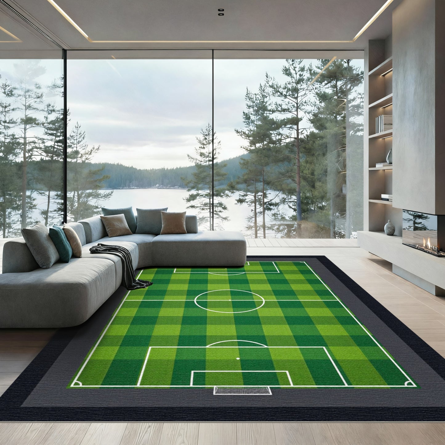Grass Green Checkered Soccer Field Pitch Rug
