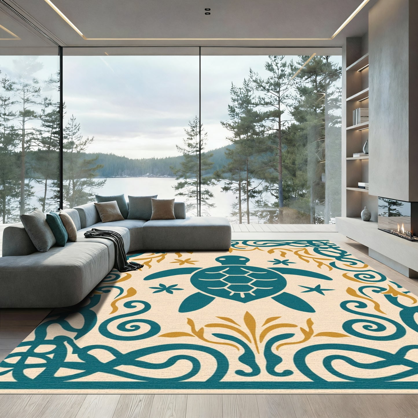Teal Sea Turtle Golden Floral Border Rug