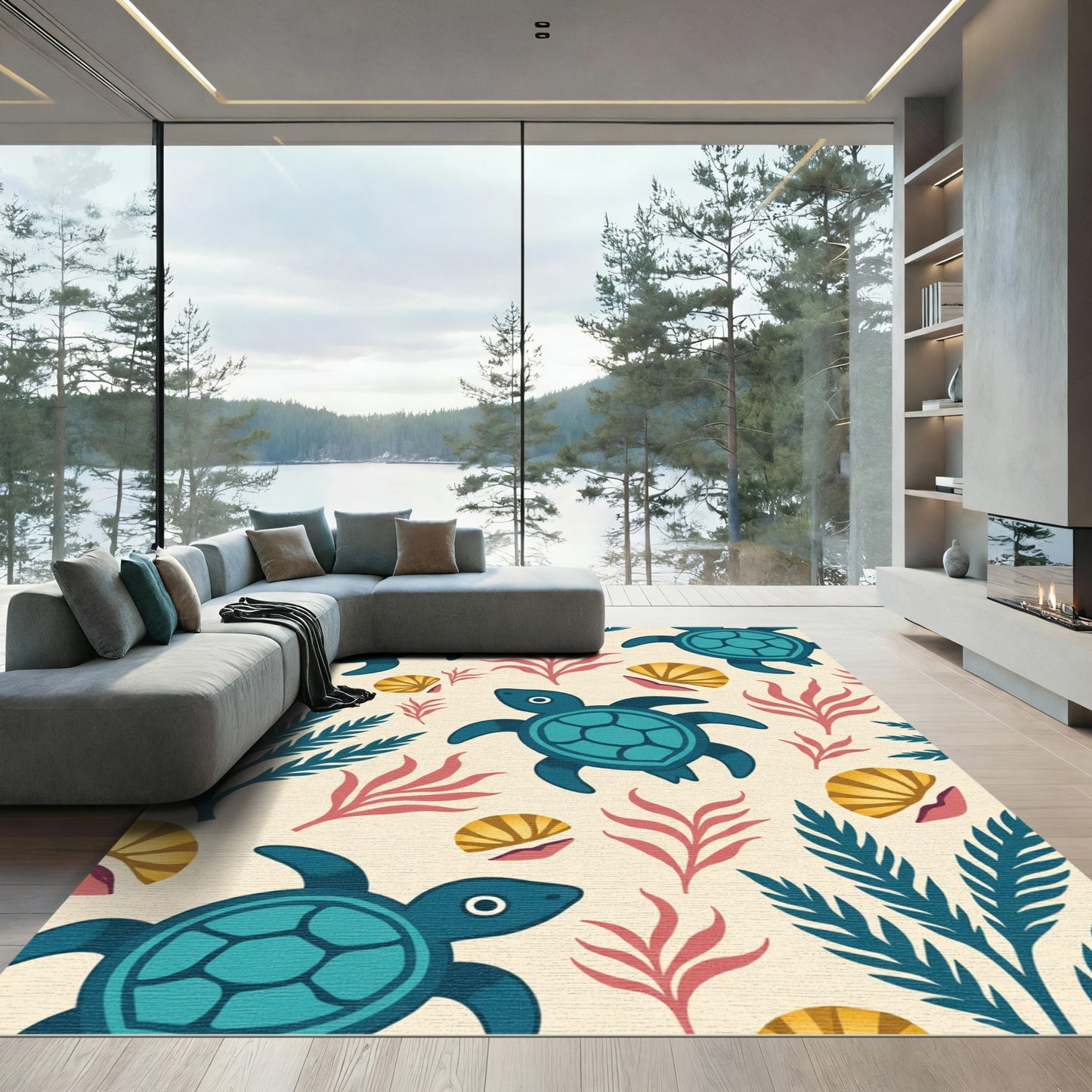 Playful Teal Sea Turtles Coral Shells Rug