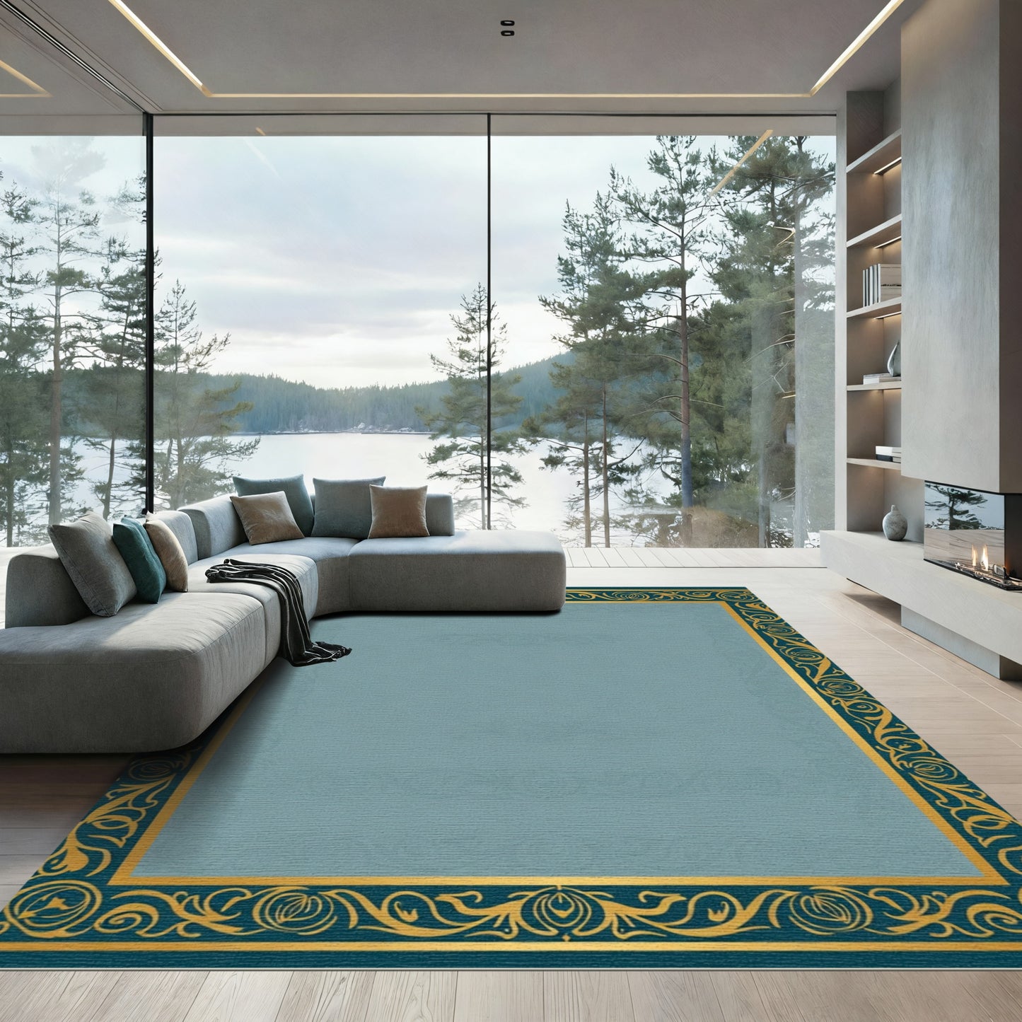 Teal Gold Ornate Bordered Rug