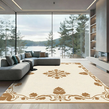 Cream Brown Floral Scroll Frame Rug