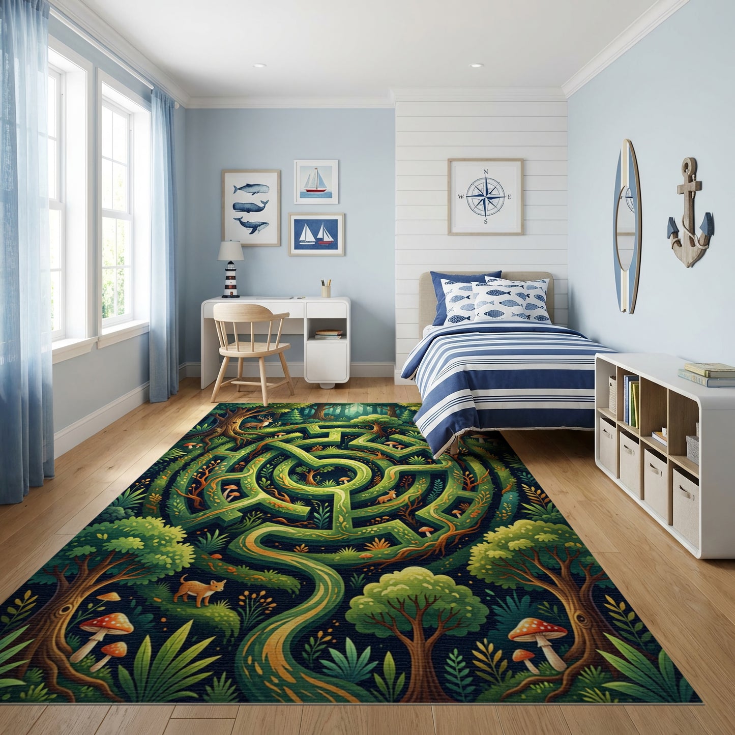 Enchanted Green Forest Maze Deer Rug