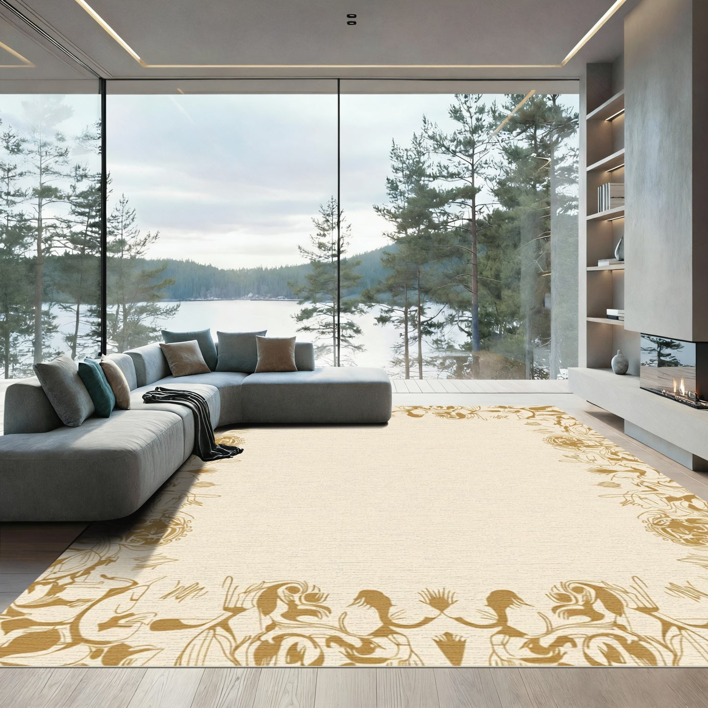 Golden Floral Border Frame Rug