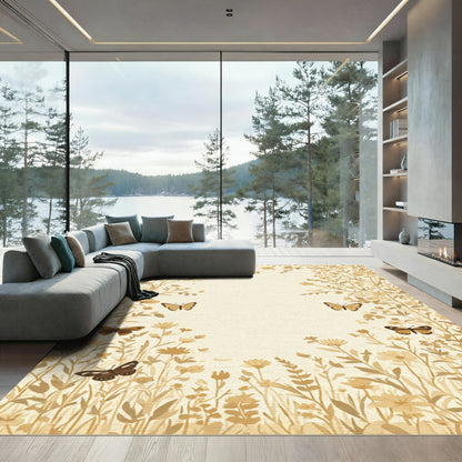 Golden Meadow Garden Butterfly Scene Rug