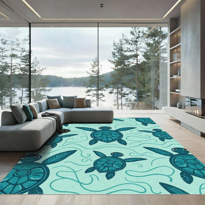 Teal Sea Turtle Waves Rug