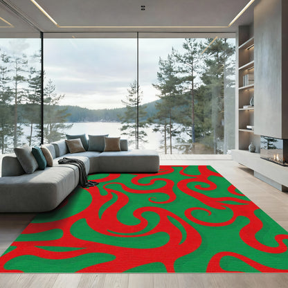 Crimson Swirls on Emerald Background Rug