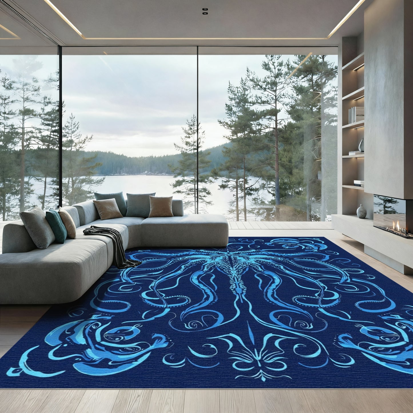 Deep Blue Oceanic Tentacle Mandala Rug