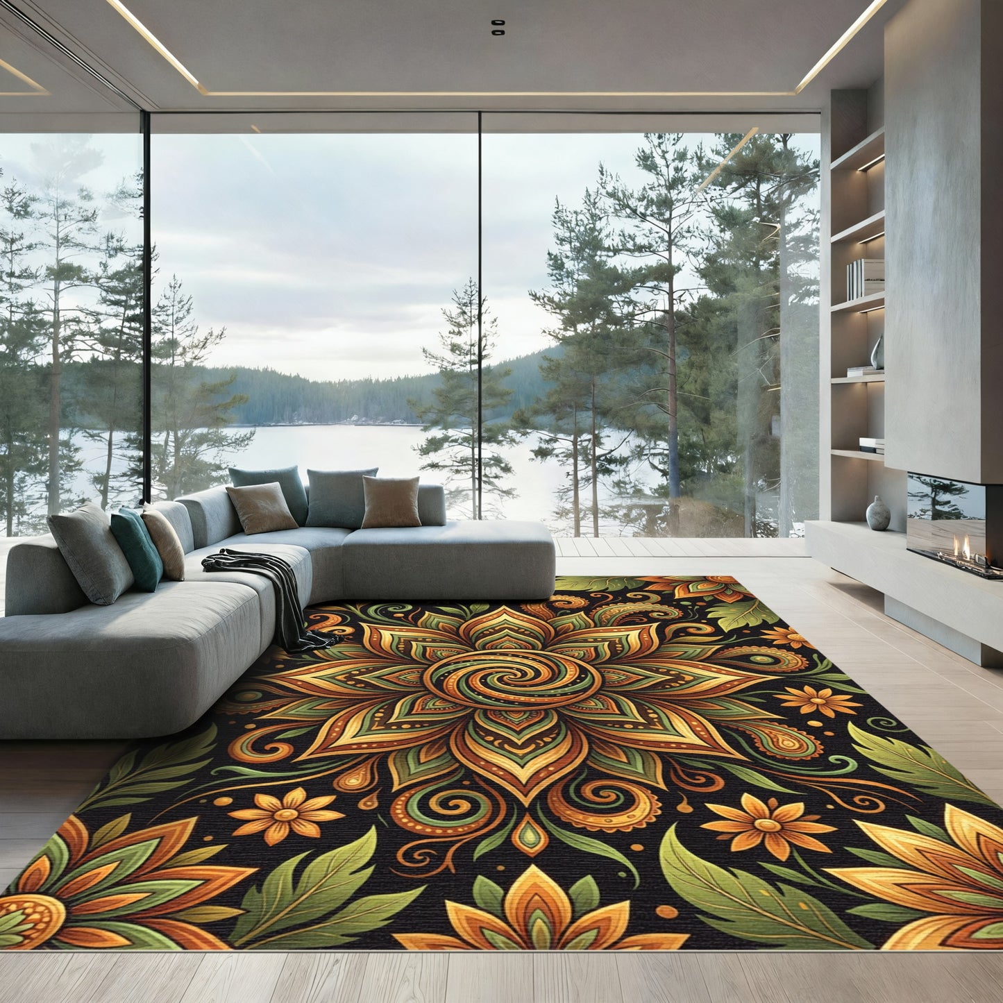 Golden Foliage Swirl Floral Mandala Rug