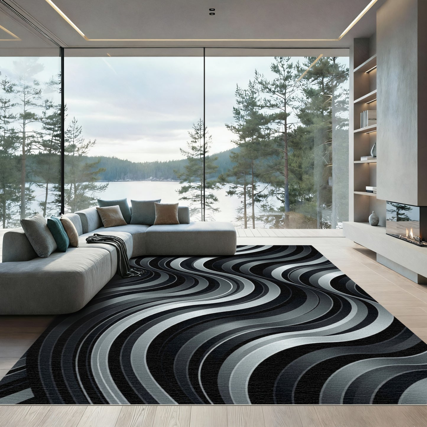 Monochromatic Swirl Ribbon Wave Rug