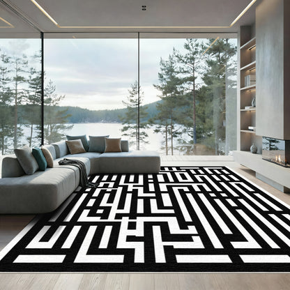 Abstract Black White Labyrinth Lines Rug