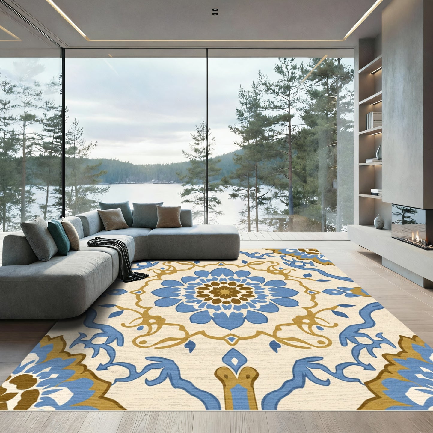 Blue Gold Floral Medallion Harmony Rug