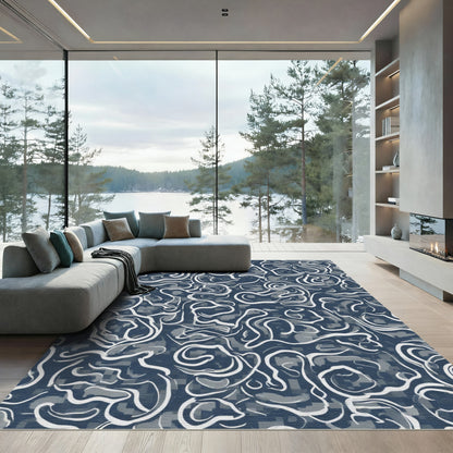 Navy Blue Swirl Abstract Surface Rug