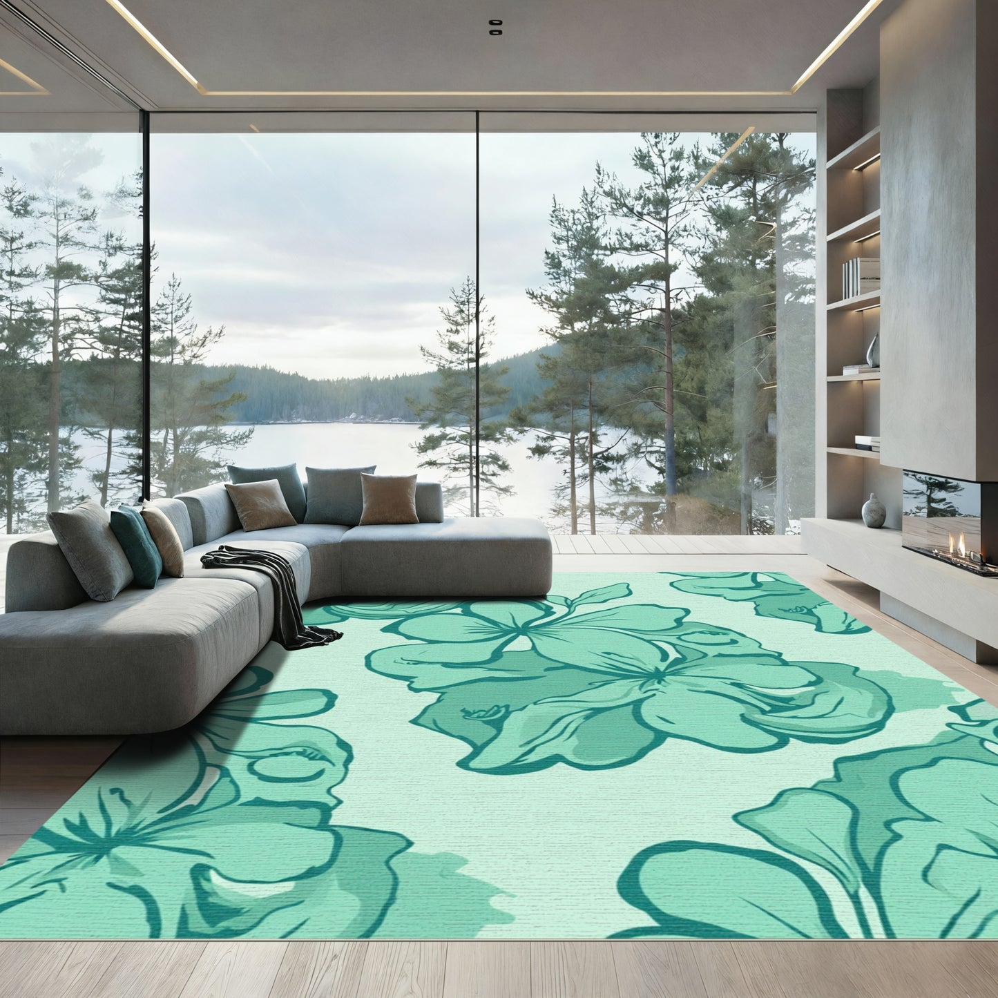 Teal Floral Bloom Pattern Rug