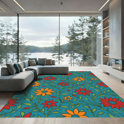 Turquoise Floral Vine Arrangement Rug