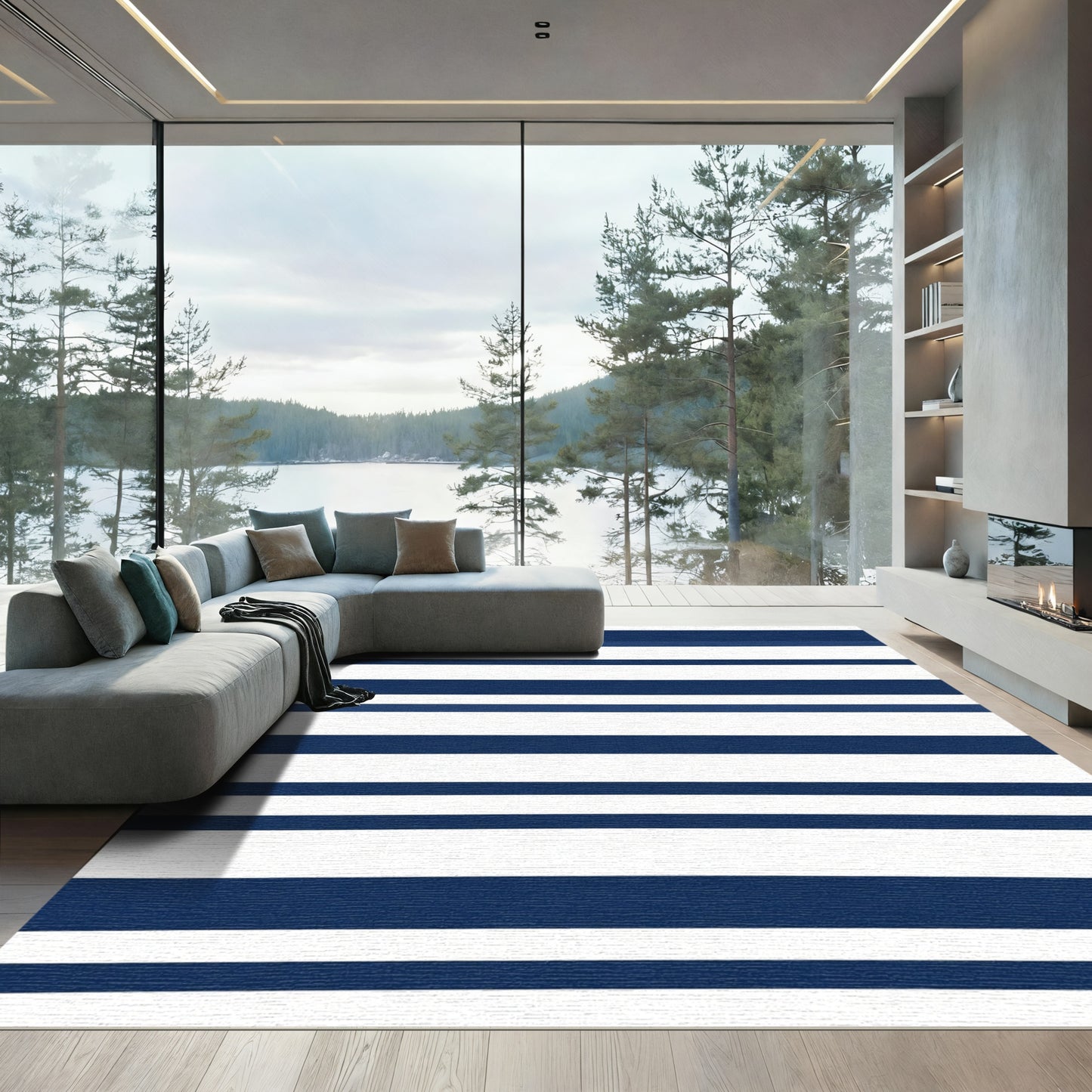Navy White Horizontal Bands Rug
