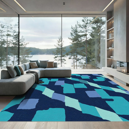 Deep Blue Geometric Block Abstract Rug