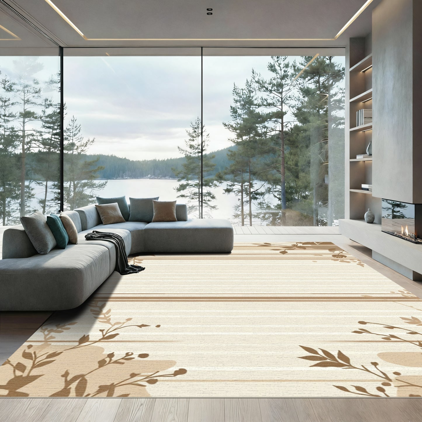 Brown Floral Horizontal Stripe Accent Rug