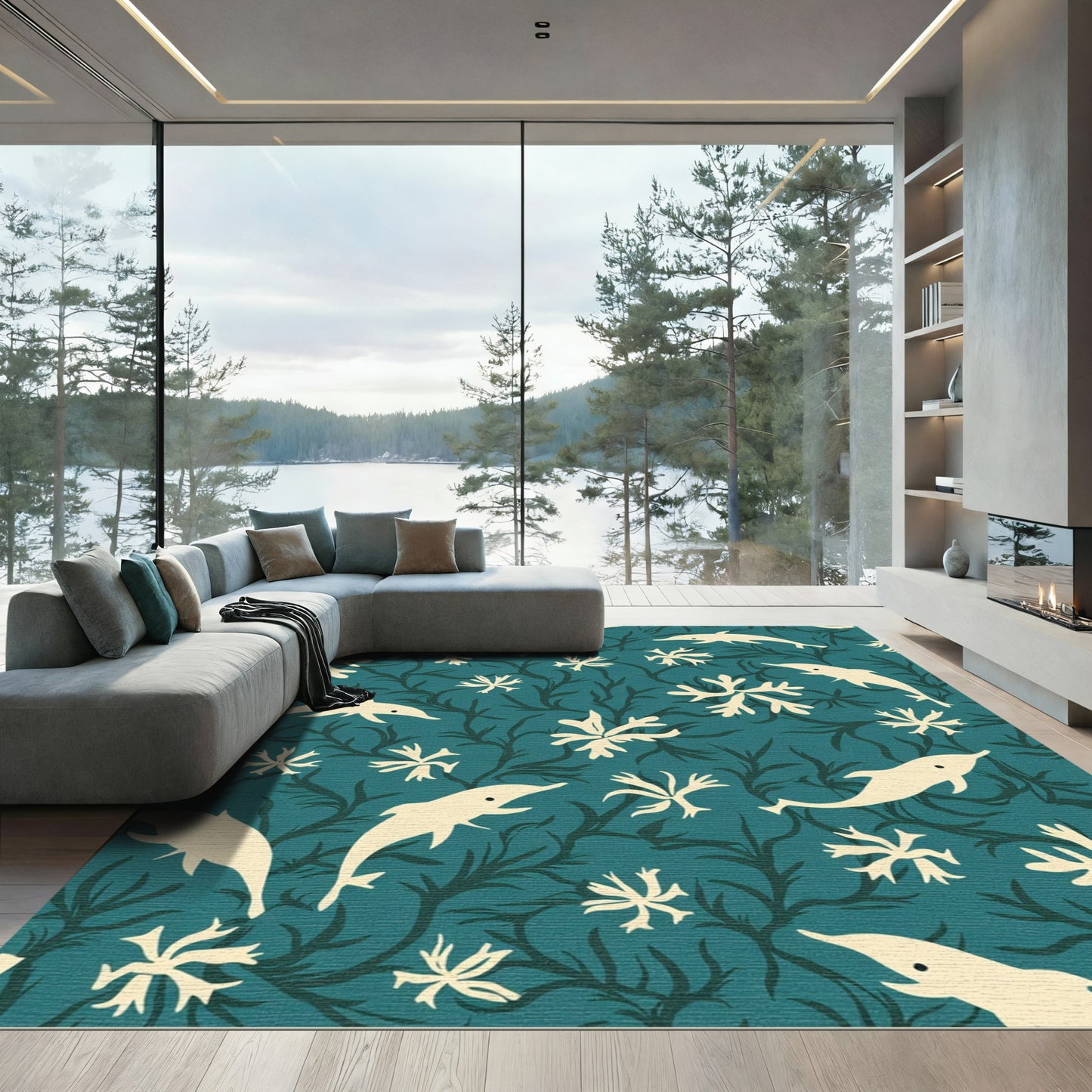 Cream Dolphin Seaweed Teal Rug