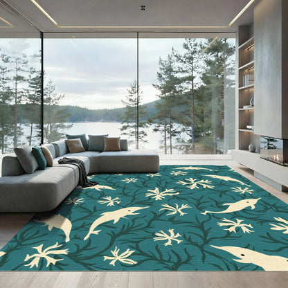 Cream Dolphin Seaweed Teal Rug