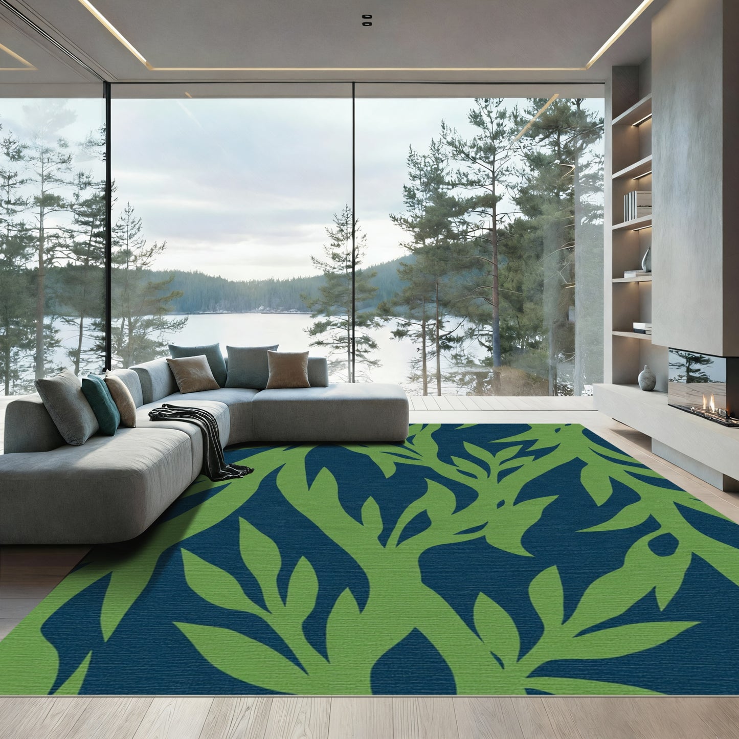 Deep Blue Green Leafy Branches Rug