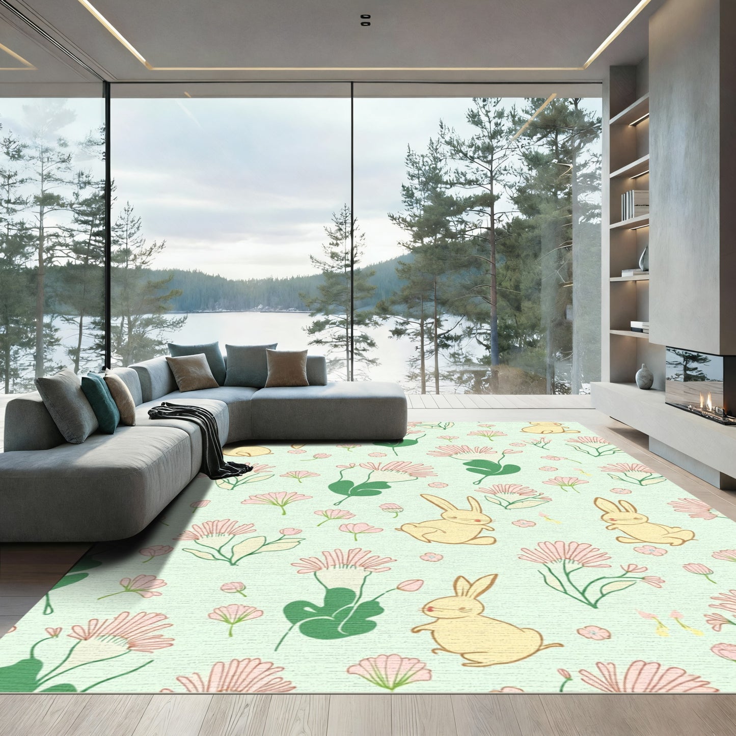 Whimsical Yellow Bunny Floral Meadow Rug