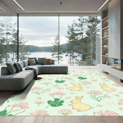 Whimsical Yellow Bunny Floral Meadow Rug