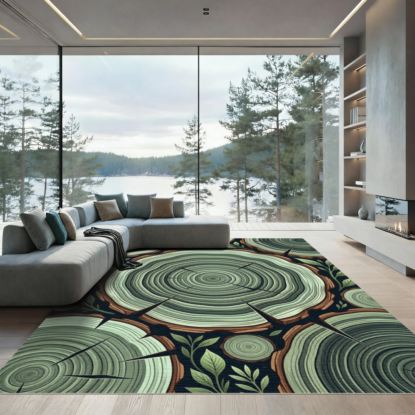 Green Wood Grain Foliage Medallion Rug