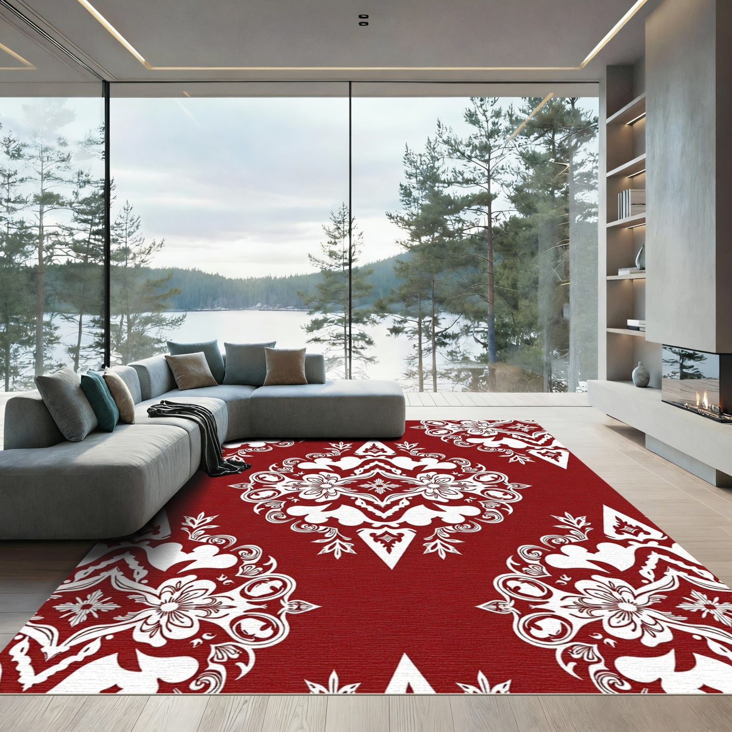 Crimson White Intricate Floral Medallion Rug