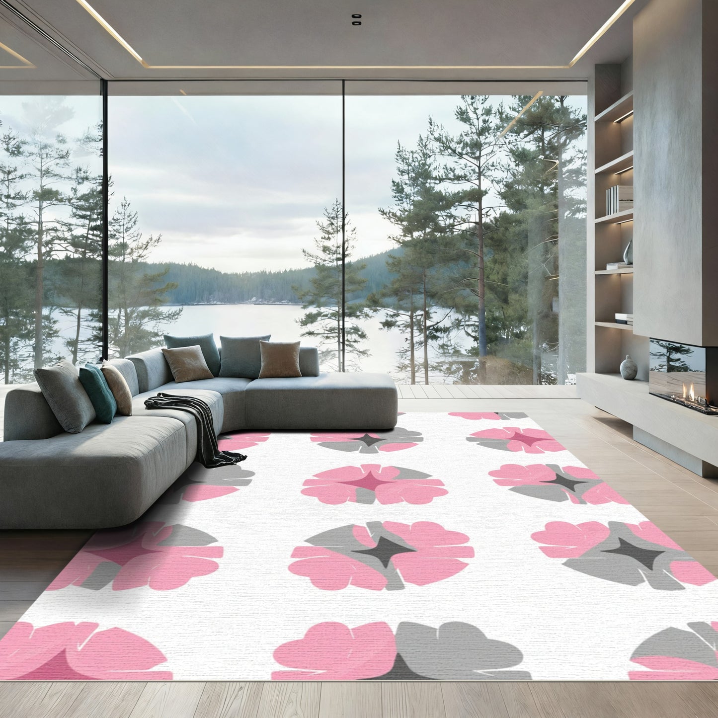 Pink Gray Abstract Starburst Rug
