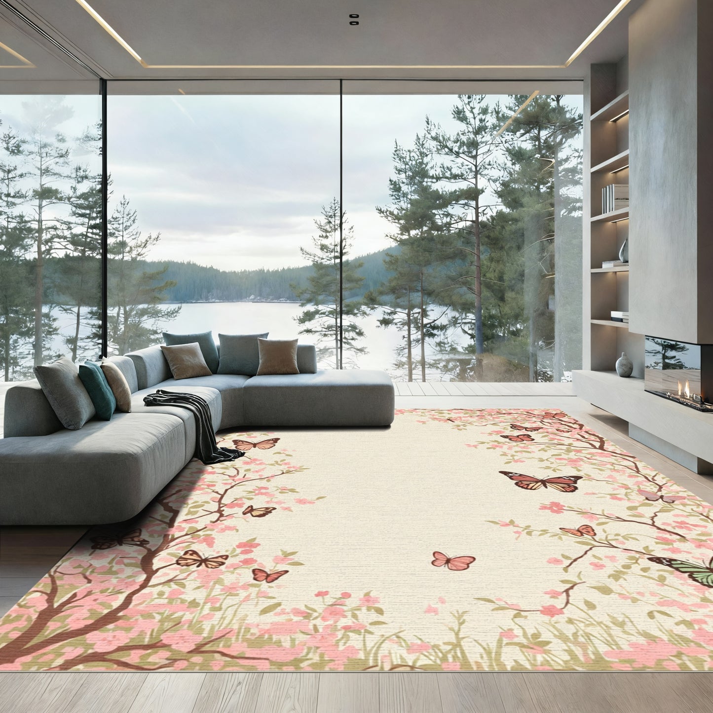 Pink Blossom Butterflies Garden Scene Rug