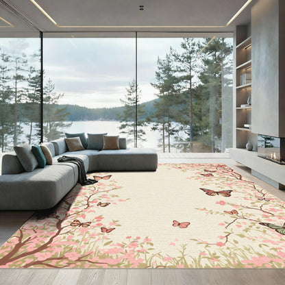 Pink Blossom Butterflies Garden Scene Rug