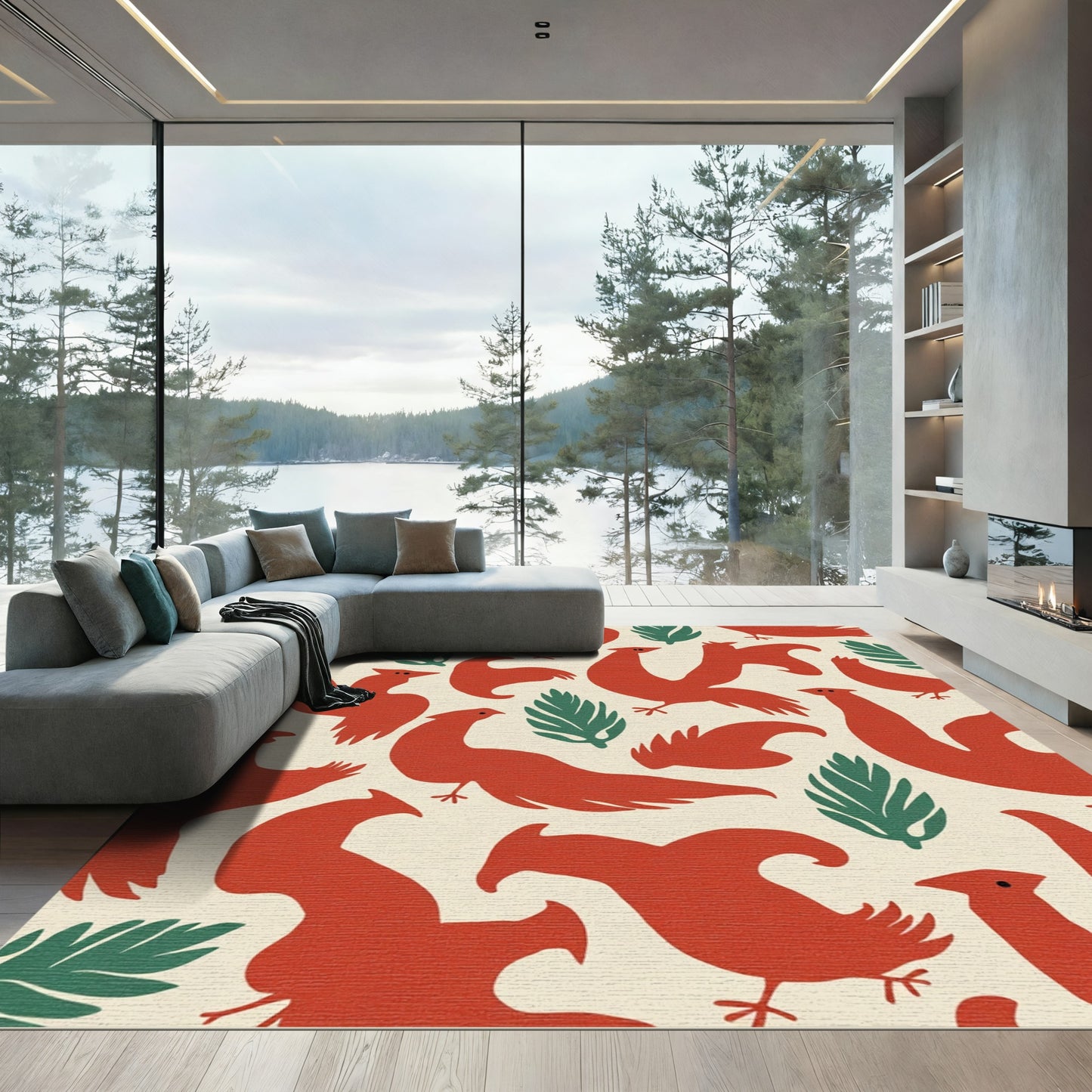 Whimsical Red Bird Foliage Pattern Rug
