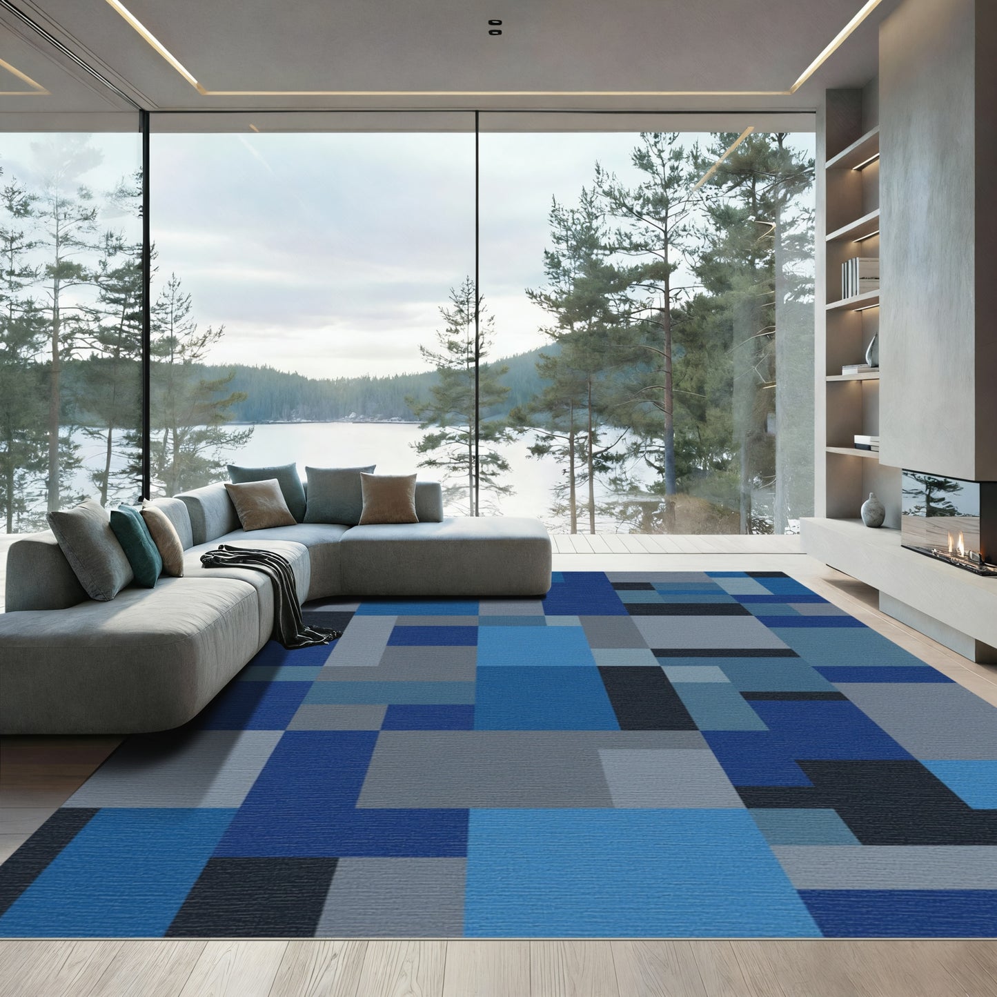 Cool Blue Geometric Blocks Rug
