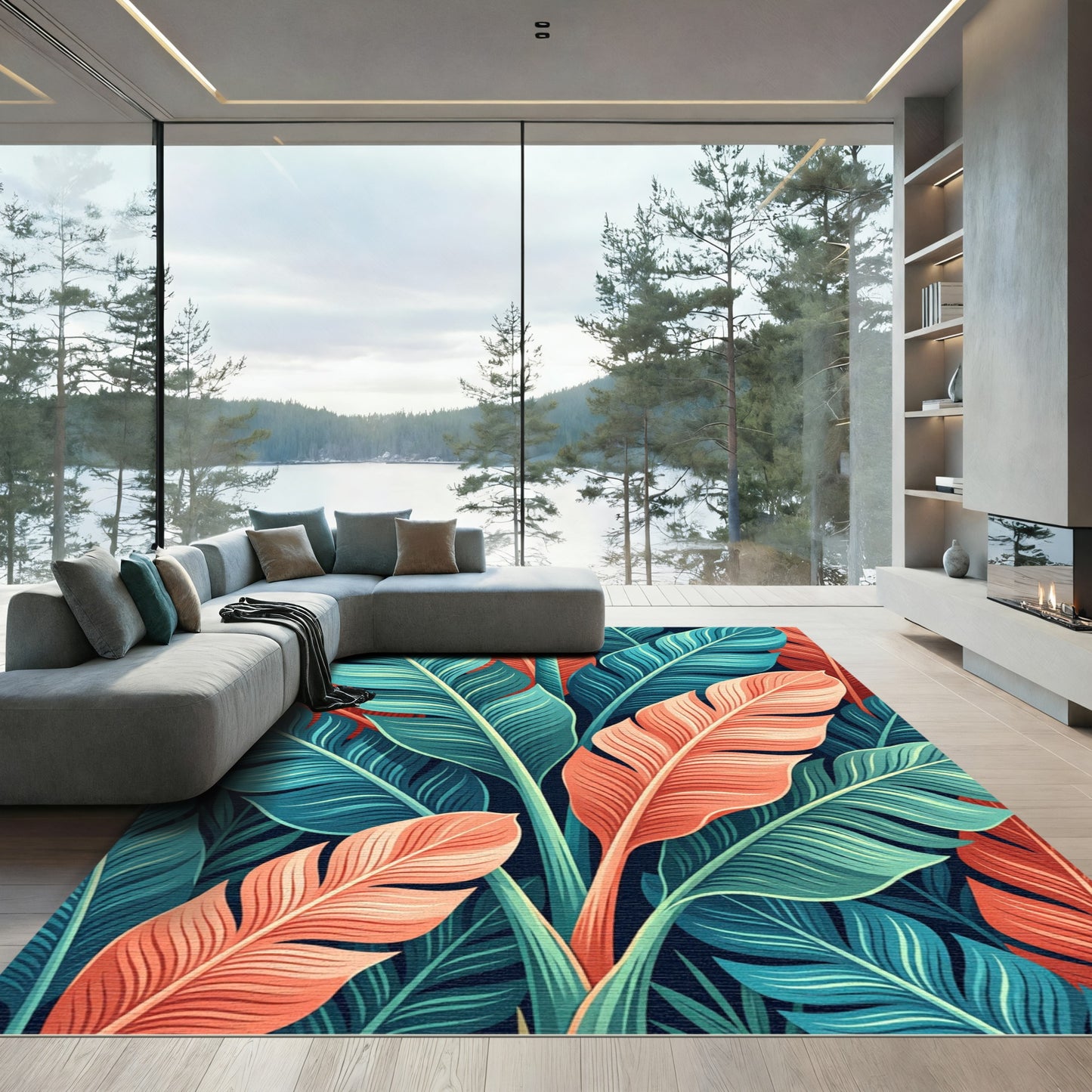Vibrant Teal and Coral Tropical Leaf Rug